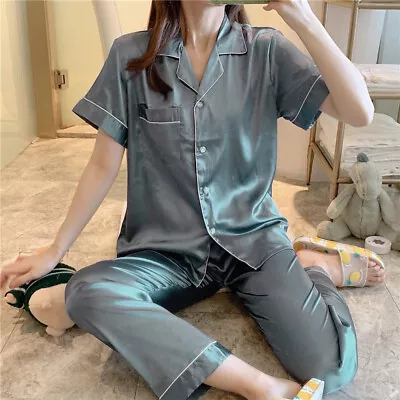 Buy Women Satin Pyjamas Nightwear PJs Set Ladies Silk Short Sleeve Button Sleepwear • 10.99£