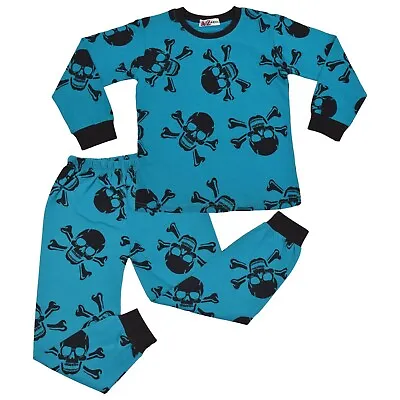 Buy Kids Girls BoysTurquoise Skull N Bones Pyjamas PJs 2 Piece Cotton Set Nightwear • 9.99£