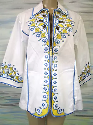 Buy Bob Mackie White & Multi-color Floral Print Embroidered Jacket Size L - New • 31.57£