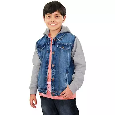Buy Kids Boys Denim Jacket Fleece Sleeves & Hood Fashion Jackets Coat Age 2-13 Years • 14.99£