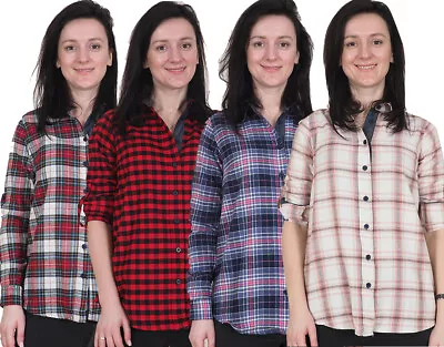 Buy Ladies Flannel Shirts 100% Cotton Checked Premium Casual Size 6-16 Relaxed Fit • 14.99£
