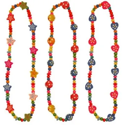 Buy Set Of 3 Girls Kids WOOD BEAD NECKLACE - ASSORTED Designs Wooden Jewellery Toy • 3.49£