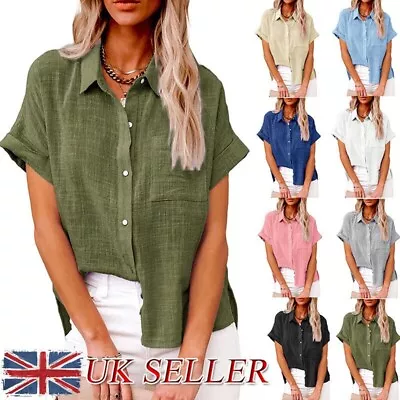 Buy Womens Cotton Linen Casual Blouse Ladies Button T Shirt Short Sleeve Tops Tunic • 3.26£