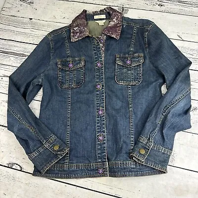 Buy Christopher & Banks Jean Jacket M Purple Bead Buttons Paisley Print Accent • 9.57£