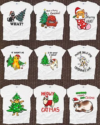 Buy Christmas Tshirt Cat Kitten Sarcasm Festive Merry Xmas Tree Meowy Print Woman UK • 8.99£