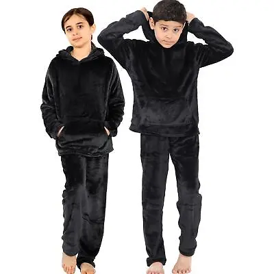 Buy Kids Girls Boys Black Warm Fleece Hooded Pyjamas For Sleepover 2 Piece Gift Set • 14.99£
