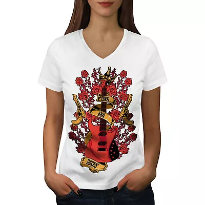 Buy Wellcoda Roses And Guns Rock Womens V-Neck T-shirt, Band Graphic Design Tee • 15.99£