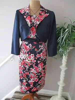 Buy Stunning Nightingales Navy And Red Floral Dress And Jacket Size 14 • 16.99£
