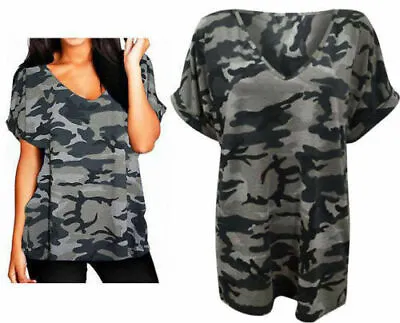Buy Womens Ladies  Army Camouflage Print Batwing Short Sleeve Oversized T Shirt Top  • 6.95£