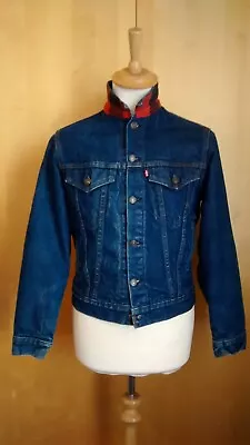 Buy 80s Levi 70707 Small Blue Denim Red Black Check Lined Trucker Jacket MADE IN USA • 89.99£