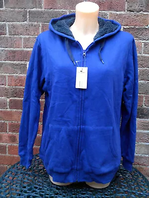 Buy Ladies Dark Blue Teddy Fleece-lined Jacket With Hood, Size L 16-18 • 12.99£