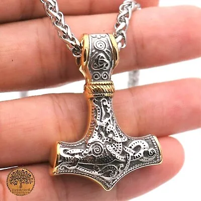 Buy Sturdy Viking/Mjolnir/Thor Hammer Stainless Steel Silver/Gold Pendant Necklace • 8.95£