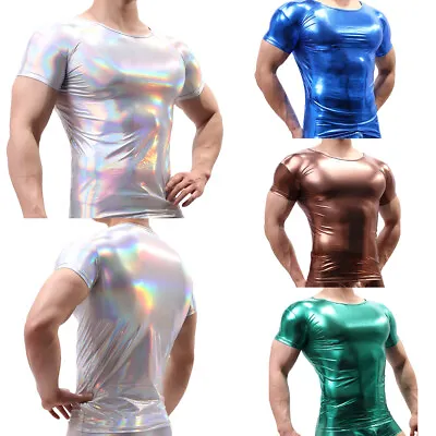 Buy Men's T-shirt Tank Top Shorts Sleeve Shiny Costume PU Underwear Sports Clubwear • 13.43£