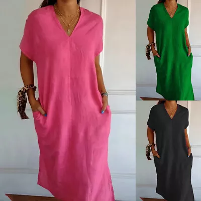 Buy Ladies Summer Boho V Neck Midi Dress Women Short Sleeve Loose T Shirt Dress UK • 3.99£