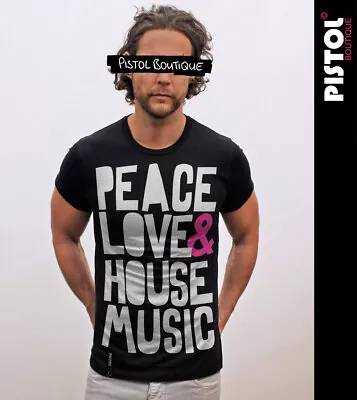 Buy Pistol Boutique Men's Rolled Sleeve Black Crew PEACE LOVE & HOUSE MUSIC T-shirt • 22.49£