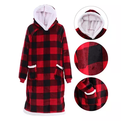 Buy Oversized Long Adult Hoodie Blanket Hooded Sherpa Lined Plush Flannel Sweatshirt • 17.95£