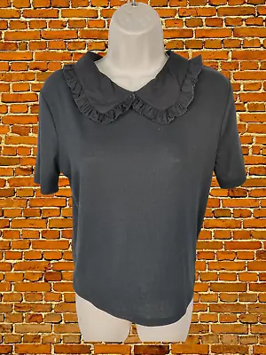 Buy Womens Zara Size Large L Black Frill Peter Pan Collar Ribbed Casual T Shirt Top • 7.99£