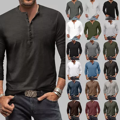 Buy Mens Henley Grandad Casual Shirts Long Sleeve Muscle Slim Fit Button T Shirt Top • 13.19£