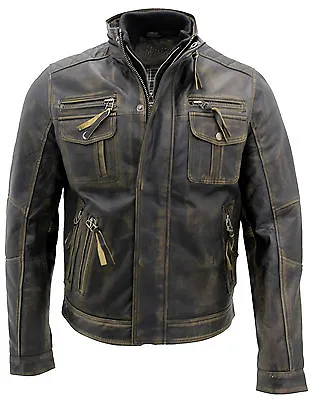 Buy Men's Vintage Black Warm 100% Leather Retro Biker Jacket Distressed Motorcycle • 107.99£