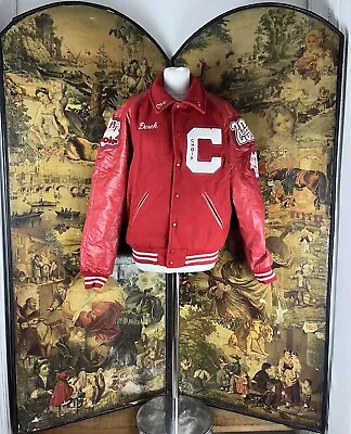 Buy TEJAS Vintage Varsity Letterman Jacket Mens Size M Red Choir Badges Leather Wool • 120£