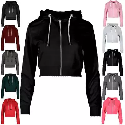 Buy Womens Long Sleeve Crop Hoody Ladies Zipper Sweatshirt Plain Fleece Hooded Top • 2.49£