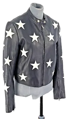 Buy Sandro Paris Leather Jacket Star RRP £700 Biker Crop Navy Soft Napa 1 UK 8 • 199.99£