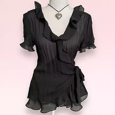Buy Vintage Y2k Black Sheer Chiffon Pleated Ruffle Goth Fairy Boho Vamp Wrap Top M/L • 23.62£