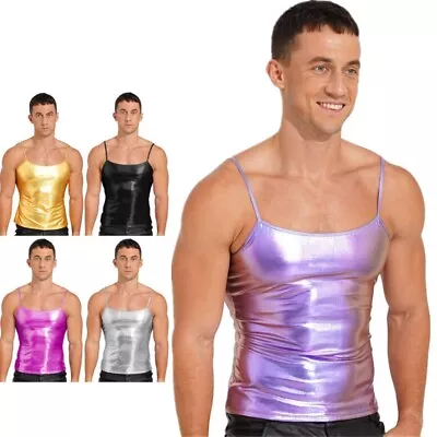 Buy UK Men Shiny Metallic Vest Spaghetti Straps Patent Leather Camisole Top Clubwear • 8.99£