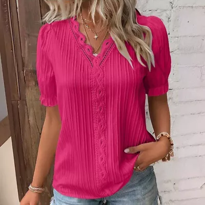 Buy Womens V Neck T-Shirt Blouse Ladies Summer Short Sleeve Tops Pullover Plus Size • 9.55£