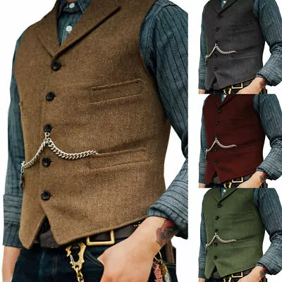 Buy Mens Tweed Lapel Vest Jacket Herringbone Waistcoat Casual Formal Sleeveless Tops • 19.99£