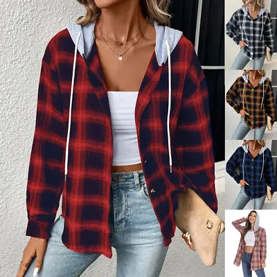 Buy Womens Check Casual Buttons Hooded Jacket Shacket Top Shirt Coat Oversize Baggy • 15.42£