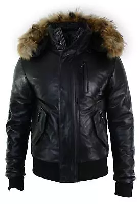 Buy Mens Real Fur Hood Bomber Leather Jacket Black Puffer Padded • 153.99£