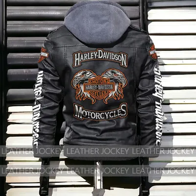 Buy Men’s Motorcycle Genuine Cowhide Harley-Davidson Leather Removable Hoodie Jacket • 130£