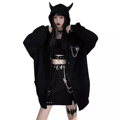 Buy Devil Horn Zip Up Hooded Sweatshirt Jacket Gothic Halloween Women's Hoodie • 26.39£