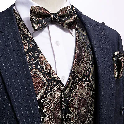 Buy UK Mens Vest Suit Paisley Floral Waistcoat Blue Black Gold Silk Tie Set Jacket • 19.99£