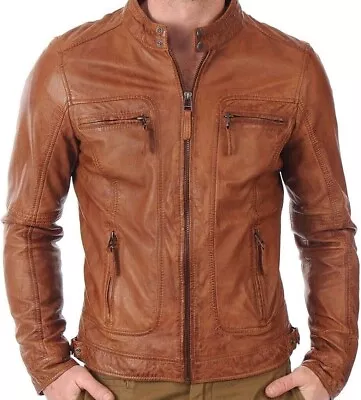 Buy Men's Slim Fit Leather Jacket Biker Motorcycle Tan Brown Genuine Leather Jacket • 97£