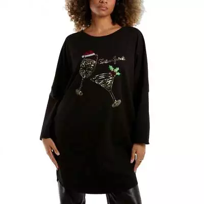Buy Ladies Nova Black Sequin Christmas Festive Glasses Sweatshirt/Dress NV3440IT003 • 29.95£