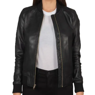 Buy Women Real Leather Casual Black Fashion Ladies Varsity Bliss Bomber Biker Jacket • 75.99£
