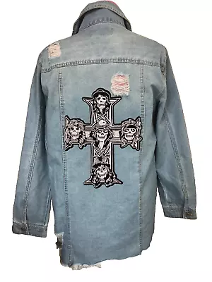 Buy 🌹🤘 Guns & Roses Thrashed Distressed Button Up Denim Jean Jacket - Nwt • 52.83£