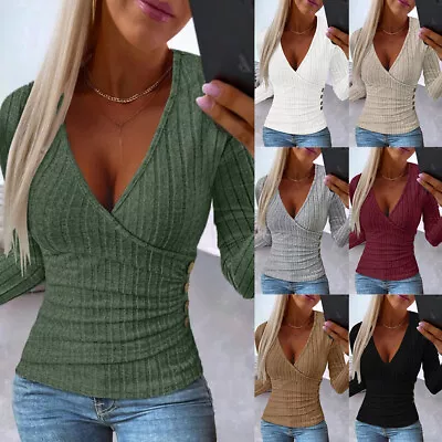 Buy Women Ribbed V Neck Wrap Tops Ladies Slim Long Sleeve Blouse T Shirt Pullover UK • 11.39£