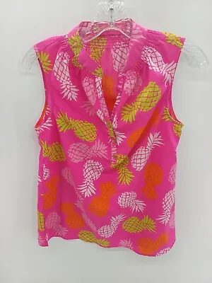 Buy MACBETH COLLECTION TOP SM SLEEVELESS 3 BUTTON SHIRED NECK PINEAPPLE Cruise Vacay • 9.47£