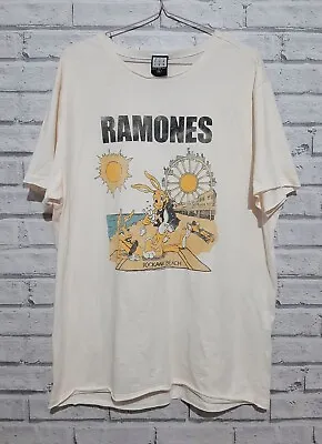Buy Amplified Ramones Rockaway Beach Punk Rabbit Print Blush T-Shirt Top Size XL • 20£