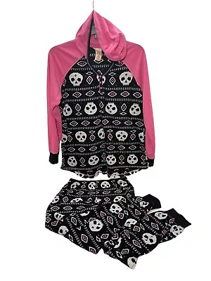 Buy Faded Glory Women's Skull Pajamas Pink Black Fleece Pants Hooded Top Sz Med 8-10 • 21.80£