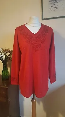 Buy 90s Vintage Red Wool Knit Jumper Size 12 St Michael Henley Y2K Beaded Neckline • 17£