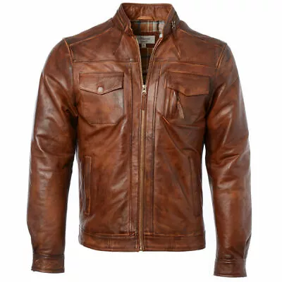 Buy Mens Retro Style Biker Jacket Real Lambskin Leather Washed Soft Tan Brown Casual • 89.99£
