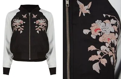 Buy Ladies Full Zip Floral Embroidered Satin Bomber Jacket 8 10 12 14 16 18 • 11.16£
