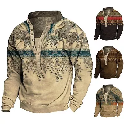Buy Casual Tribal Totem Graphic Sweatshirt Henley Collar Pullover T Shirt Tops • 21.55£
