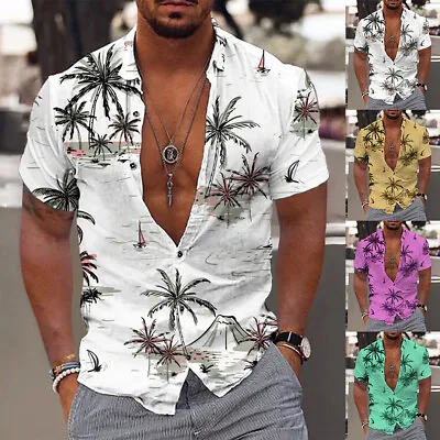 Buy Summer Coconut Tree T Shirts Men Hawaiian Shirt Beach Short Sleeve Blouse UK • 16.34£