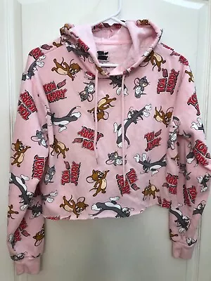 Buy Tom & Jerry Graphic Pink Pullover Crop Cutoff Hem Hoodie Junior Size M • 12.28£