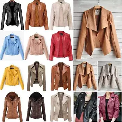 Buy Damen Faux Leather Jacket Biker Motorcycle Slim Autumn Coat Outwear Size Lounge • 24.19£